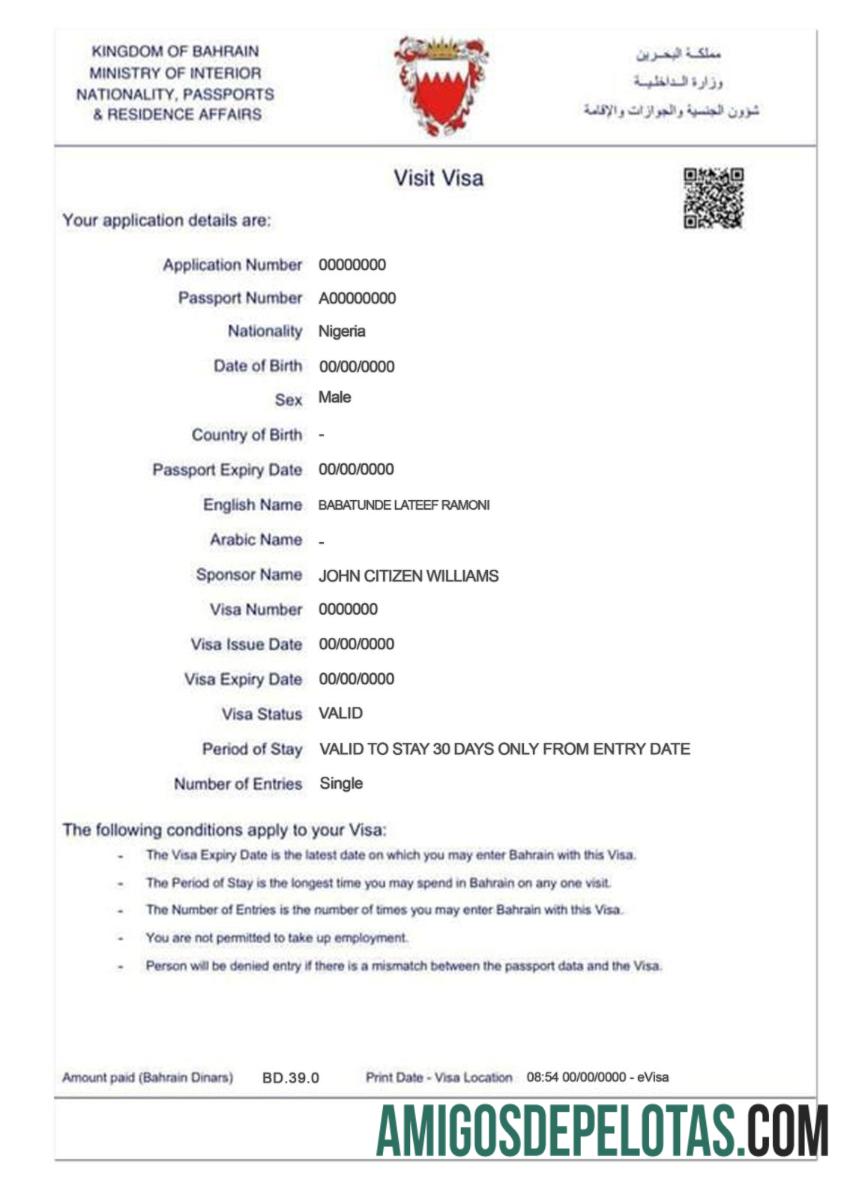 Visto BAHRAIN E exemplo real